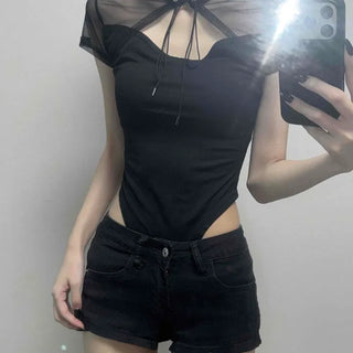 Cuff Half Mesh Choker See-through T-shirt