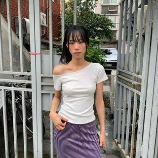 Slim Fit Plain Shirred Off-Shoulder Short Sleeve T-Shirt