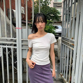 Slim Fit Plain Shirred Off-Shoulder Short Sleeve T-Shirt