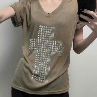 Mocha Cross Metallic Cross V-Neck T-shirt