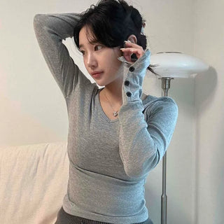 Slim Fit Button Plain Casual Daily Long Sleeve T-shirt