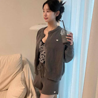 Loen Button String Loose Fit Plain Long Sleeve Two-Piece Set