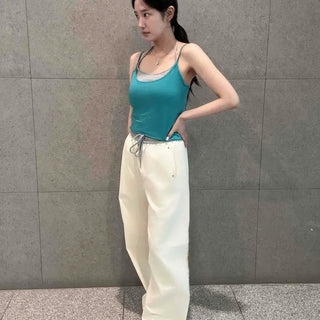 String Flap Pocket Zipper Wide Contrast Track Bottoms