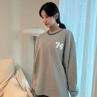 Color Block Numbering Oversized Loose Fit Daily Long Sleeve T-shirt