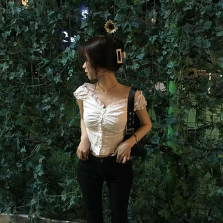 Frill Shirred Off-Shoulder Cap Sleeve Fitted Blouse