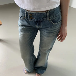 Heykey Two-Button Washed Long Bootcut Denim