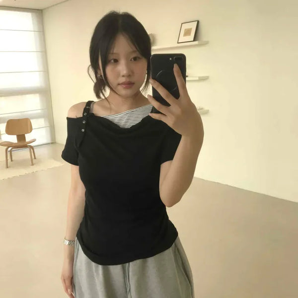 Color Block Stripe Buckle Off-Shoulder Short-Sleeve T-Shirt