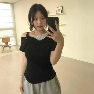 Color Block Stripe Buckle Off-Shoulder Short-Sleeve T-Shirt