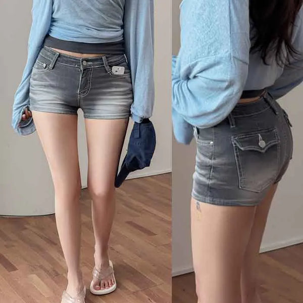 Checked denim low shorts [hip pads]