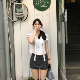 Groy Button Layered Mini Skirt Pants