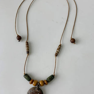 Vintage Circle Wood Leather Strap Necklace