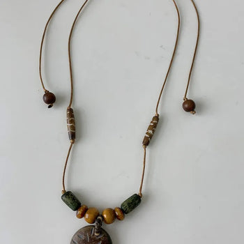 Vintage Circle Wood Leather Strap Necklace