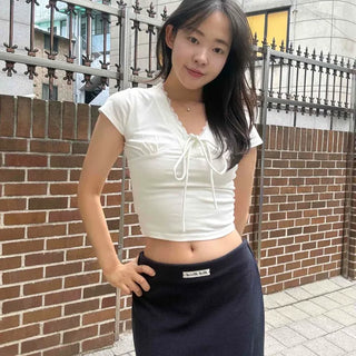 Muffin Lace V-Neck Shirred Crop T-Shirt