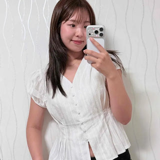 Rubber Pintuck V-Neck Puff Blouse