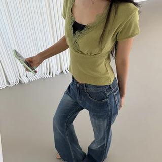 Mev Punching Lace Deep V Short Sleeve Tee