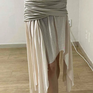 Shirred Color Block Wrap Slit A-Line Midi Skirt