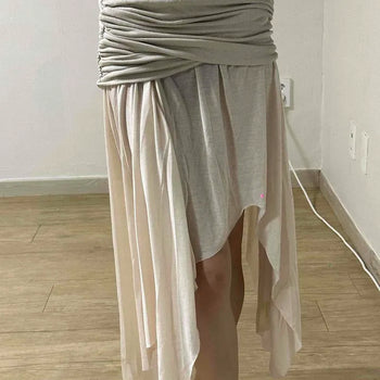 Shirred Color Block Wrap Slit A-Line Midi Skirt