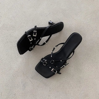 Square Mule Slippers Heel Buckle Stud Mid-heel Summer Wedding Guest Look Resort Vacation Sandals Shoes
