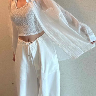 Nens Mother-of-Pearl Button Loose Fit See-through Long Sleeve Shirt