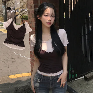 Guaranteed Beauty, Halter Neck Sleeveless Wave Slim Fit Sleeveless Short Sleeve T-shirt Color Block Layered Set