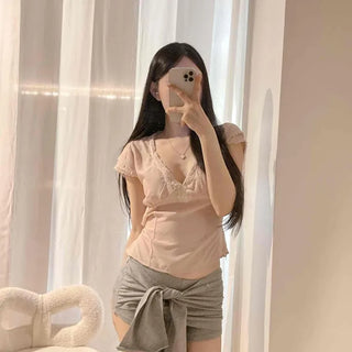 String Wrap Regular Fit Plain Short Sleeve Blouse