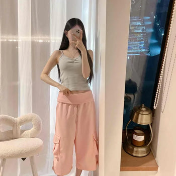Cargo Pocket Flap Pocket Drawstring Loose Fit Wide Shorts