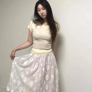 See-through Flower Flare A-line Midi Skirt