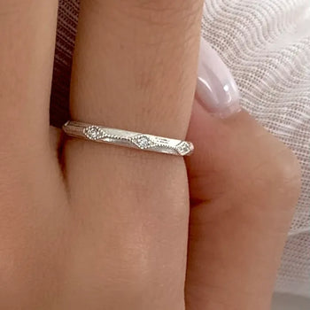 (Silver 925) Abacus Bead Knurled Line Silver Ring White Silver Thin Cubic Zirconia