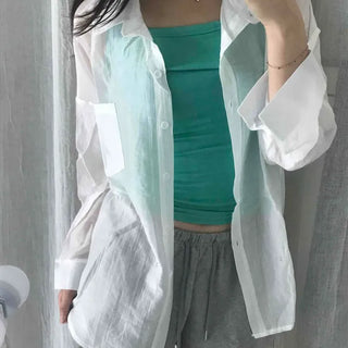 Ruby Button Plain Button-Down Oversized Long Sleeve Shirt