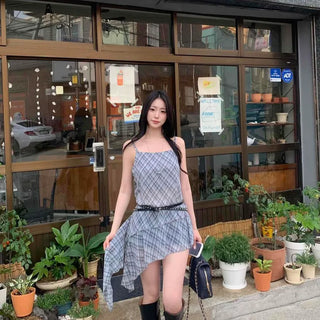 Strap Asymmetrical Regular Fit Check Sleeveless A-Line Mini Dress