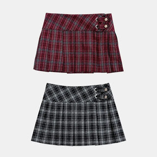 Double Buckle Plaid Check Pleated Skirt