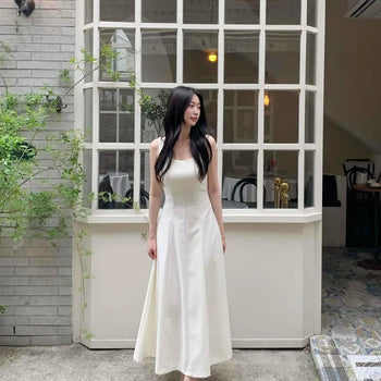 Zipper Button Fitted A-Line Sleeveless Long Dress