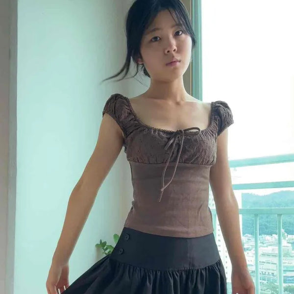 Shirred Ribbon Eyelet Cap Sleeve Slim Fit Blouse
