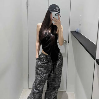 Cargo Pocket Buckle Loose Fit Leopard Print Wide Long Pants