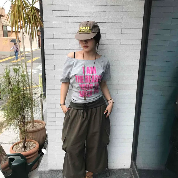 String Cargo Pocket Shirred Wide Loose Fit Shorts