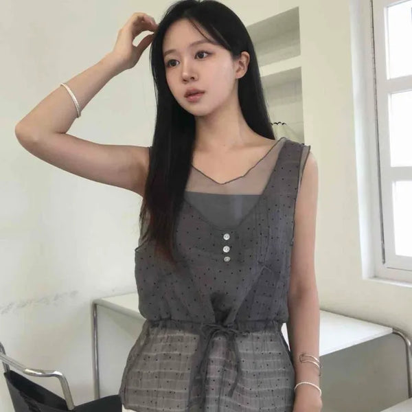 Loose Fit Polka Dot Button See-through Sleeveless Blouse