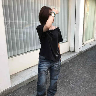 Cut-out Eyelet Off-shoulder Loose Fit Short Sleeve T-shirt