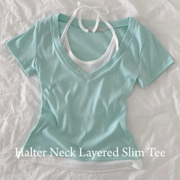 Cinched Waist~ Slim Fit, One-piece Halter Sleeveless Layered Deep V-Neck Slim Delicate Fit Short Sleeve T-shirt