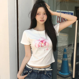 Pinterest Vibe, Flower Lettering Print Round Neck Delicate Slim Fit White Short Sleeve T-shirt