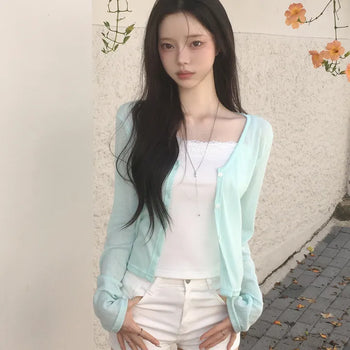Innocent Mood, Ribbed See-through U-Neck Slim Delicate Fit Summer Long Sleeve Cardigan