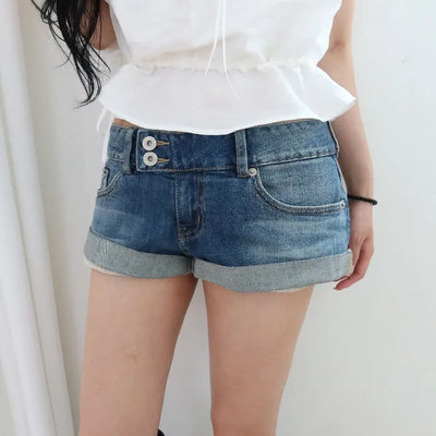 Rolled-up low-rise mini denim shorts