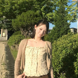 Heart Button Floral Top Lace Open Cardigan Set
