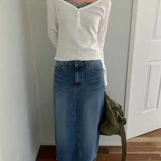 Etto Back Slit Denim Long Skirt