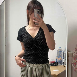 Cookie Dot Shirred Deep V-Neck Short Sleeve T-Shirt