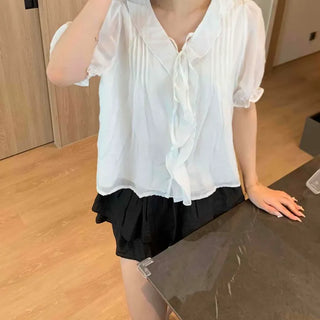 Abe Frill Ribbon V-Neck Chiffon Blouse