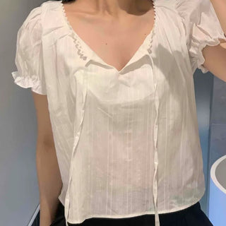 Modi Tie V-Neck Puff Blouse