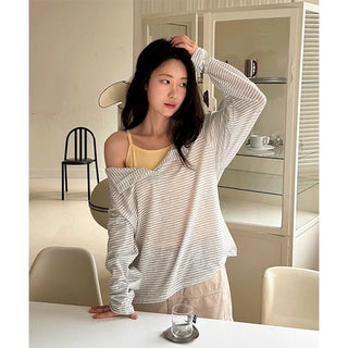 Oversized Button Stripe Loose Tee
