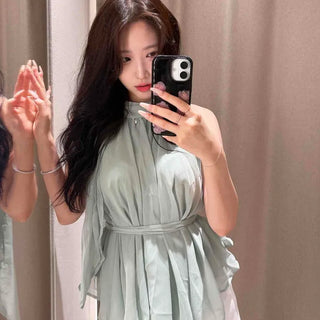 Lower Shirred Chiffon Flare Halter Blouse