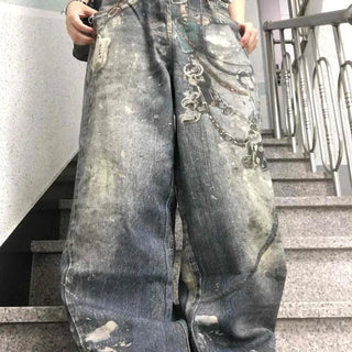 Graphic Print Washed Chain Wide Denim Pants