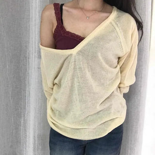 Ferro Deep V-Neck See-Through Knit Top